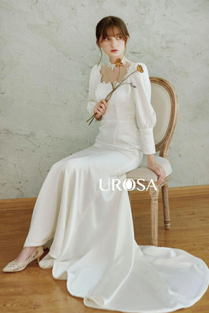 【ur21】ロングスリーブサテンネックレースソフトマーメイドドレス マーメイドライン