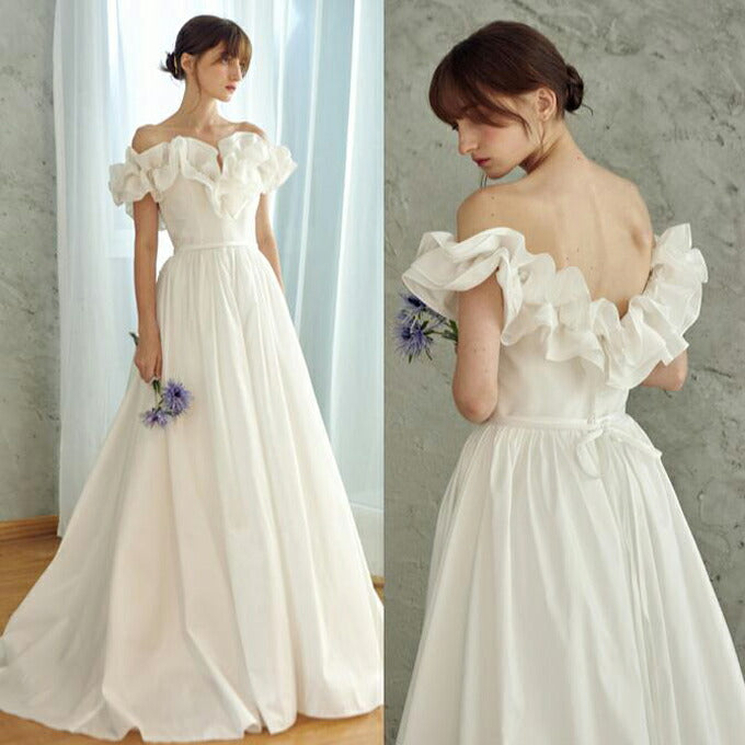 【ur23】フリルオフショルダーウエストリボンドレス Aライン