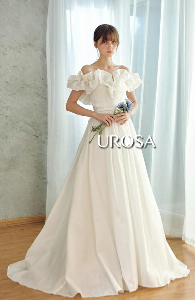 【ur23】フリルオフショルダーウエストリボンドレス Aライン