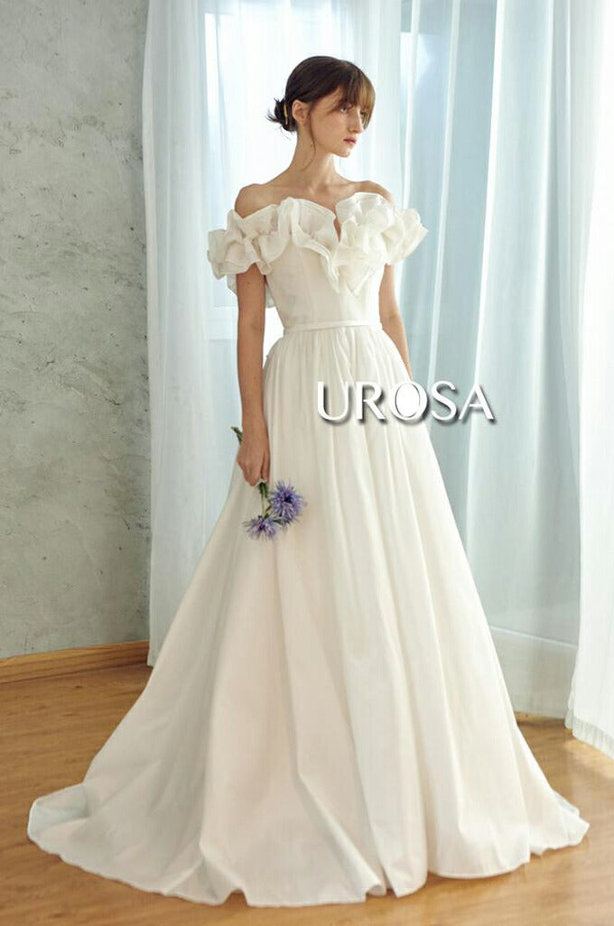 【ur23】フリルオフショルダーウエストリボンドレス Aライン