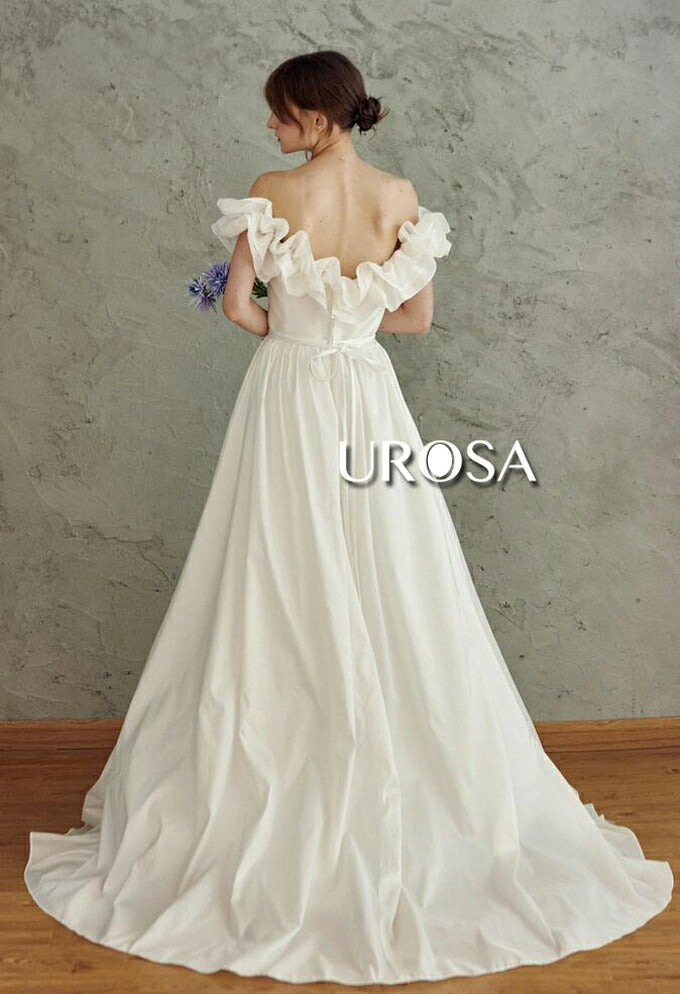 【ur23】フリルオフショルダーウエストリボンドレス Aライン