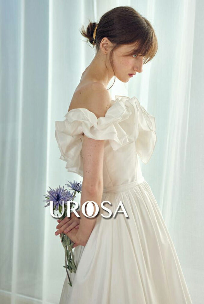 【ur23】フリルオフショルダーウエストリボンドレス Aライン