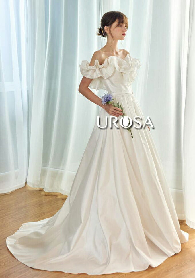 【ur23】フリルオフショルダーウエストリボンドレス Aライン