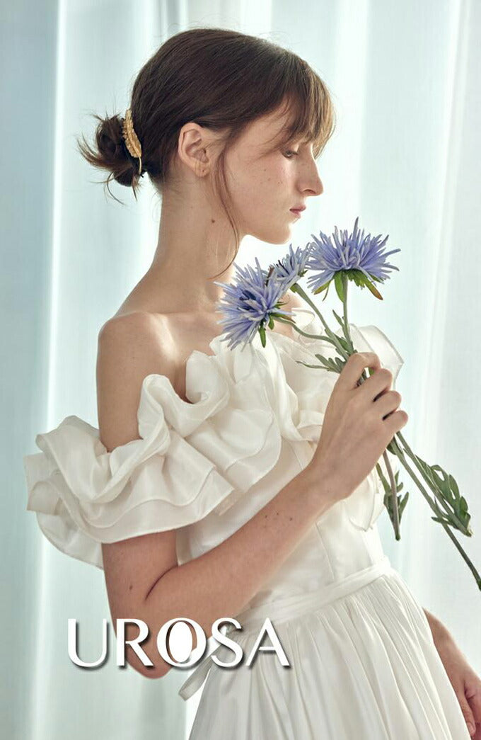 【ur23】フリルオフショルダーウエストリボンドレス Aライン