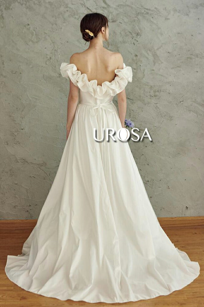 【ur23】フリルオフショルダーウエストリボンドレス Aライン