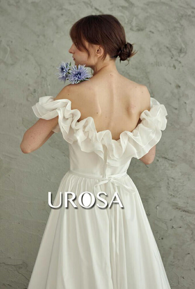 【ur23】フリルオフショルダーウエストリボンドレス Aライン