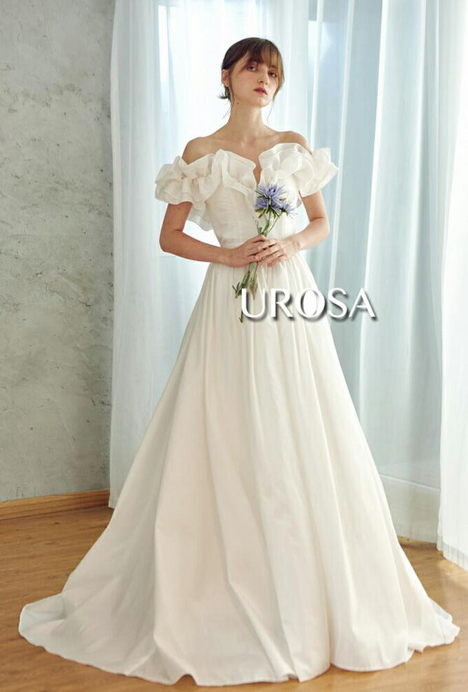 【ur23】フリルオフショルダーウエストリボンドレス Aライン