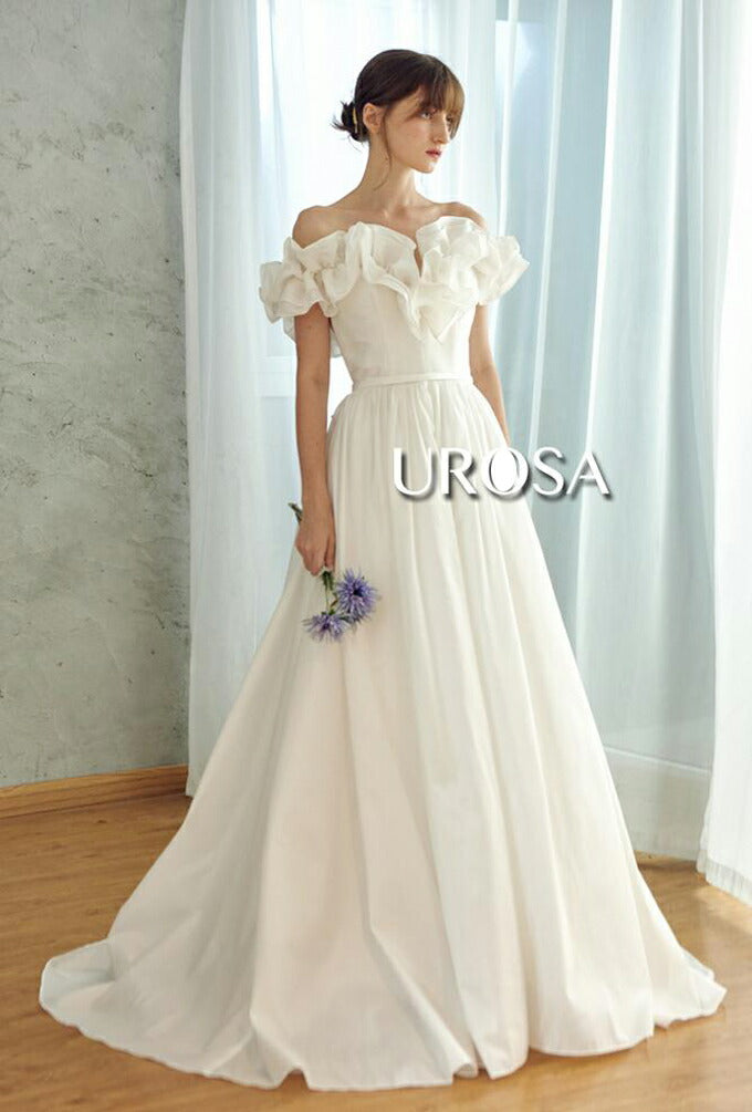 【ur23】フリルオフショルダーウエストリボンドレス Aライン