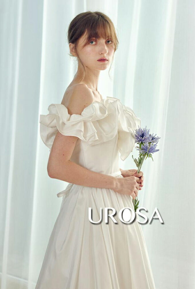 【ur23】フリルオフショルダーウエストリボンドレス Aライン