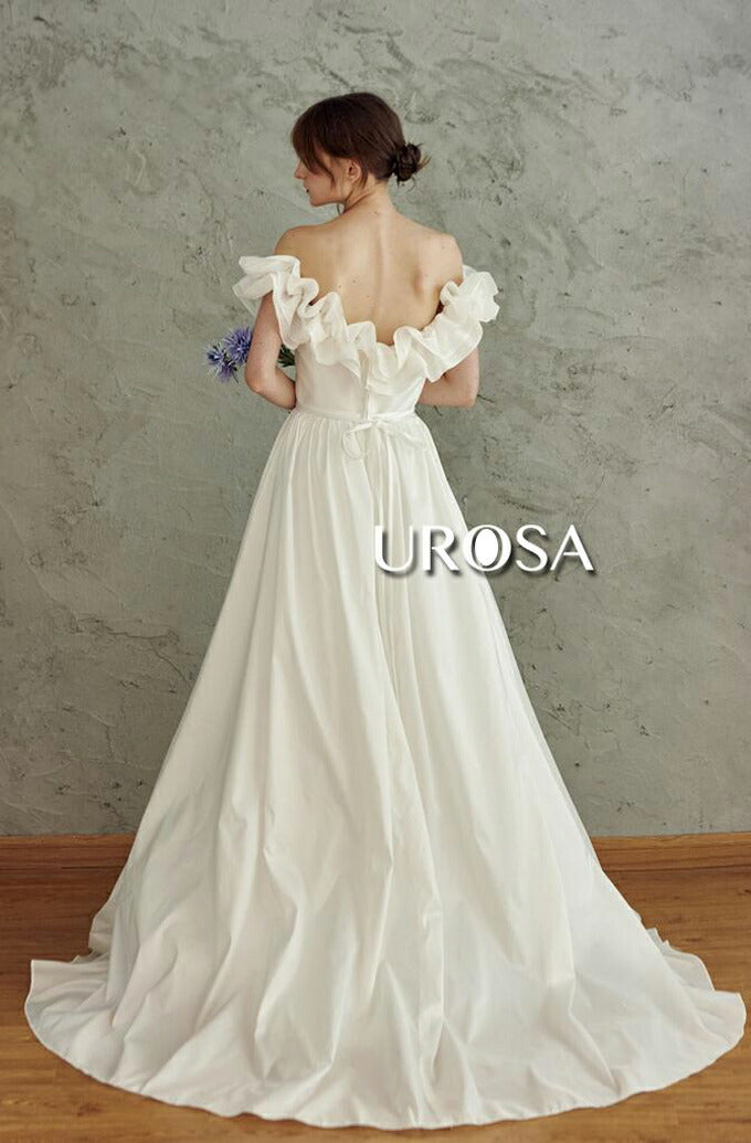 【ur23】フリルオフショルダーウエストリボンドレス Aライン