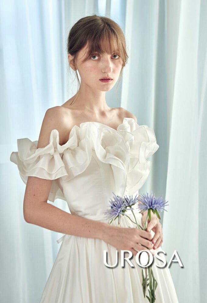 【ur23】フリルオフショルダーウエストリボンドレス Aライン