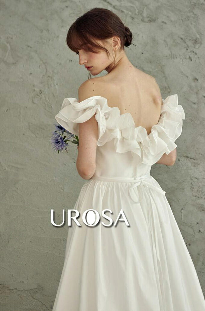 【ur23】フリルオフショルダーウエストリボンドレス Aライン