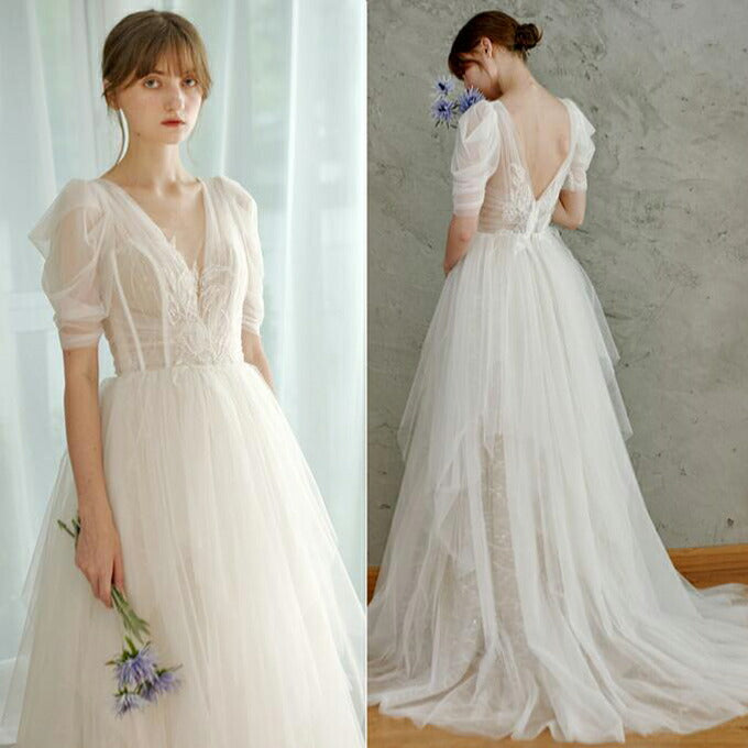 【ur31】センターレースパフスリーブチュールドレス Aライン