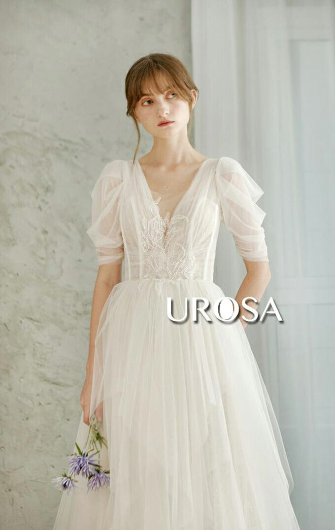 【ur31】センターレースパフスリーブチュールドレス Aライン