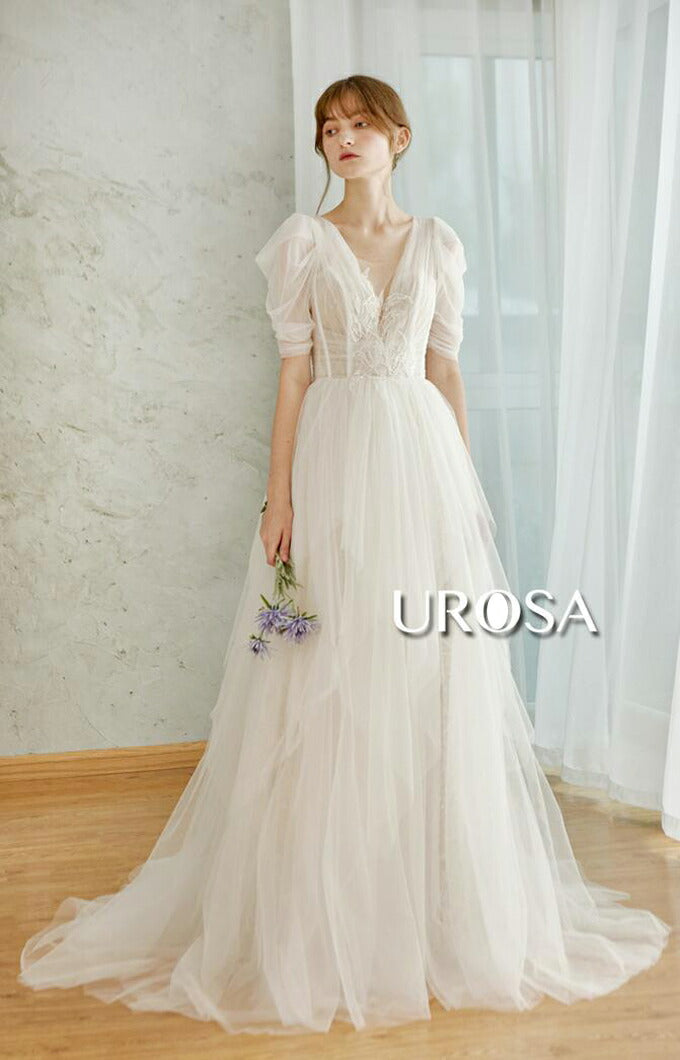 【ur31】センターレースパフスリーブチュールドレス Aライン