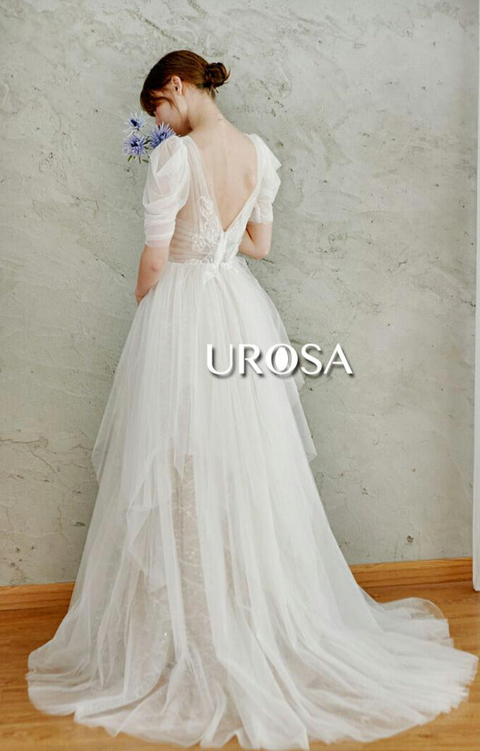 【ur31】センターレースパフスリーブチュールドレス Aライン