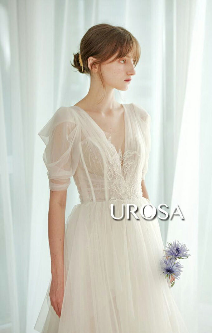 【ur31】センターレースパフスリーブチュールドレス Aライン