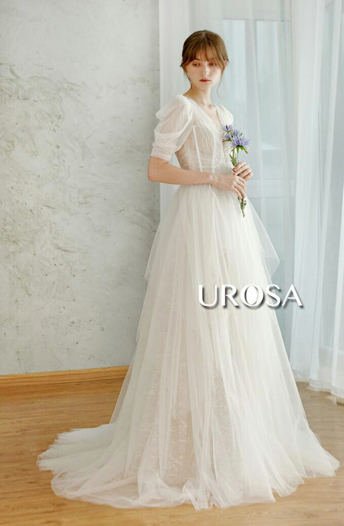 【ur31】センターレースパフスリーブチュールドレス Aライン