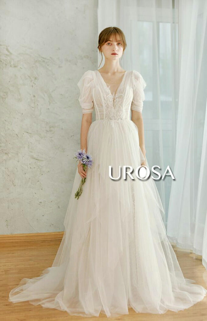 【ur31】センターレースパフスリーブチュールドレス Aライン