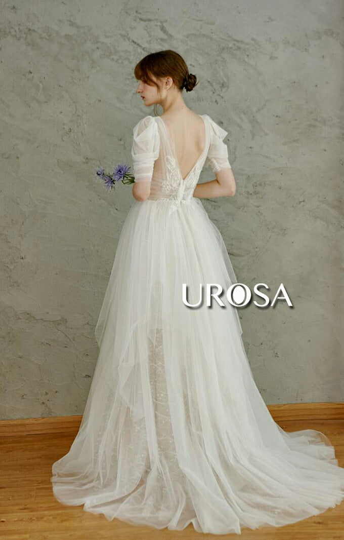 【ur31】センターレースパフスリーブチュールドレス Aライン