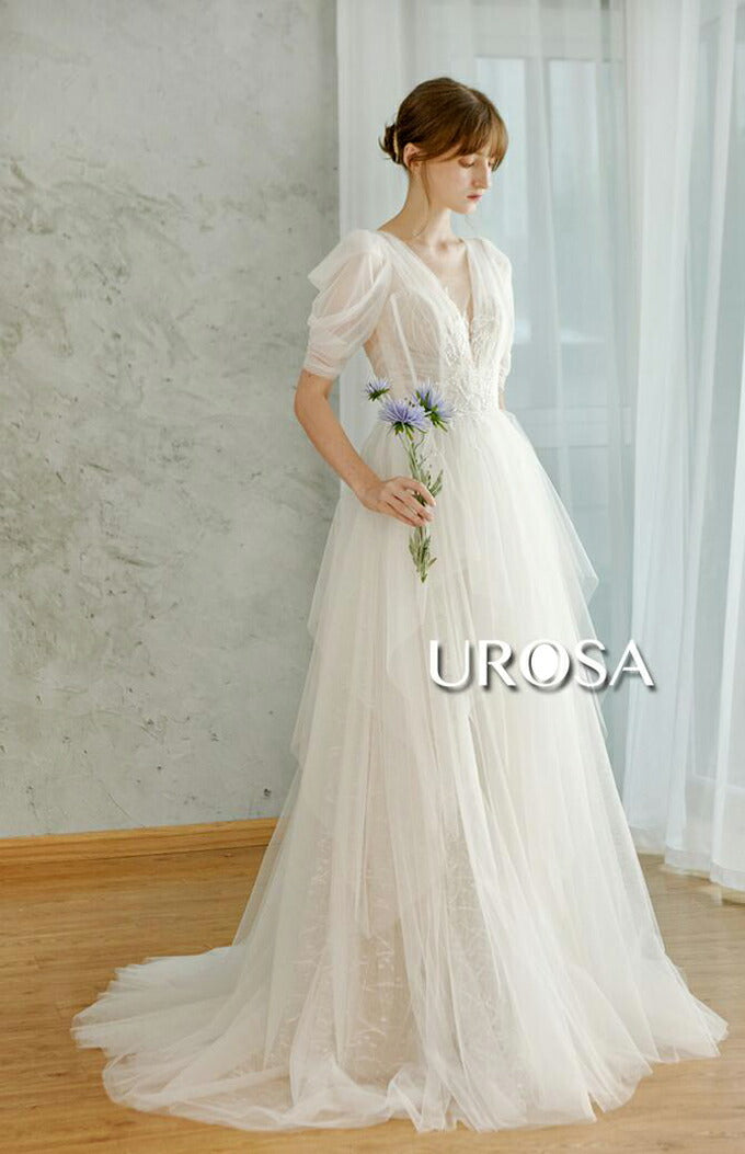 【ur31】センターレースパフスリーブチュールドレス Aライン