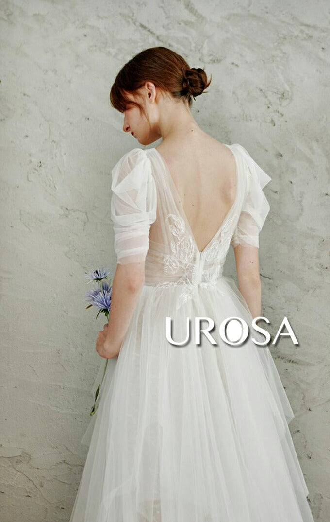 【ur31】センターレースパフスリーブチュールドレス Aライン