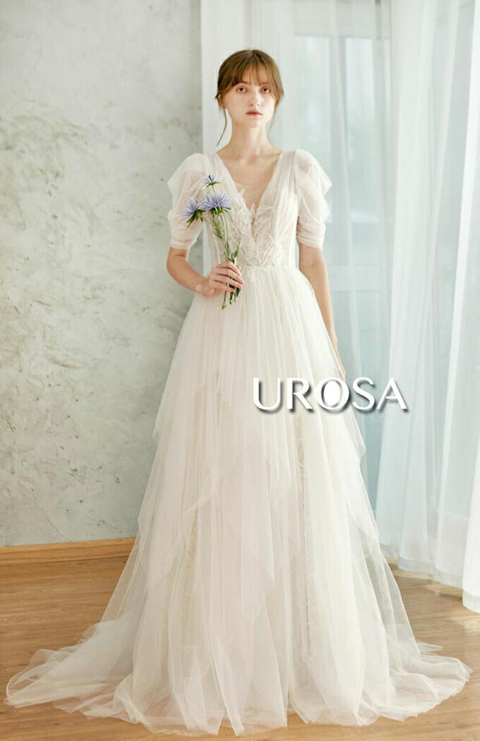 【ur31】センターレースパフスリーブチュールドレス Aライン