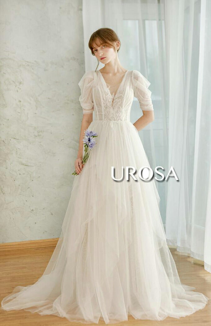 【ur31】センターレースパフスリーブチュールドレス Aライン