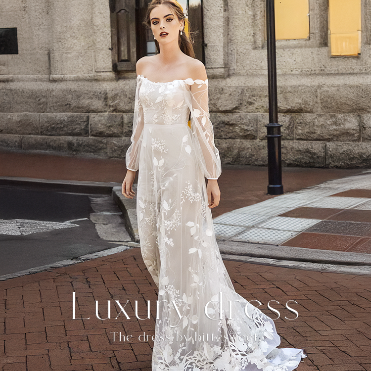 【ur74】 オフショルダーシアーリーフドレス スレンダーライン