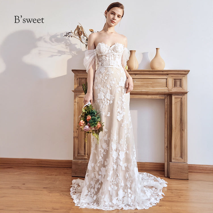 【ur77】 オフショルダーレース刺繡ドレス マーメイドライン