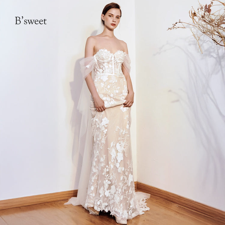 【ur77】 オフショルダーレース刺繡ドレス マーメイドライン