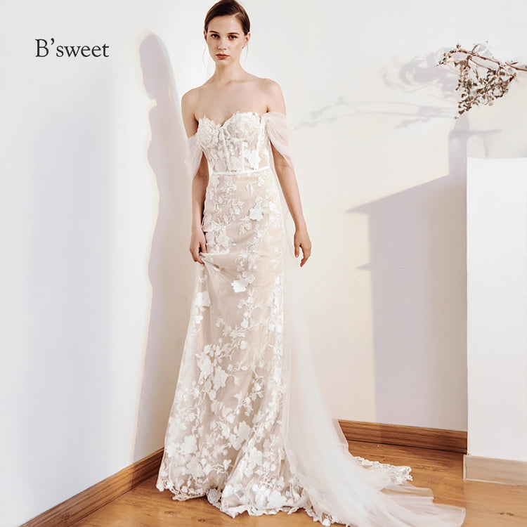 【ur77】 オフショルダーレース刺繡ドレス マーメイドライン