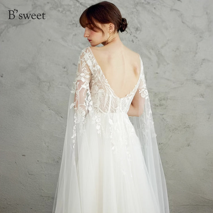 【ur78】 シアーレースケープ風スリーブドレス Aライン