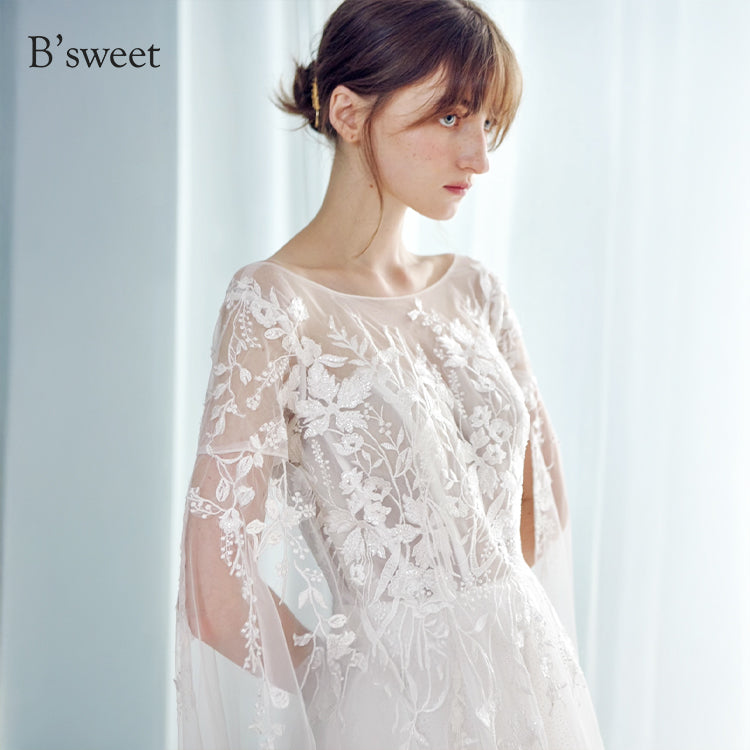 【ur78】 シアーレースケープ風スリーブドレス Aライン