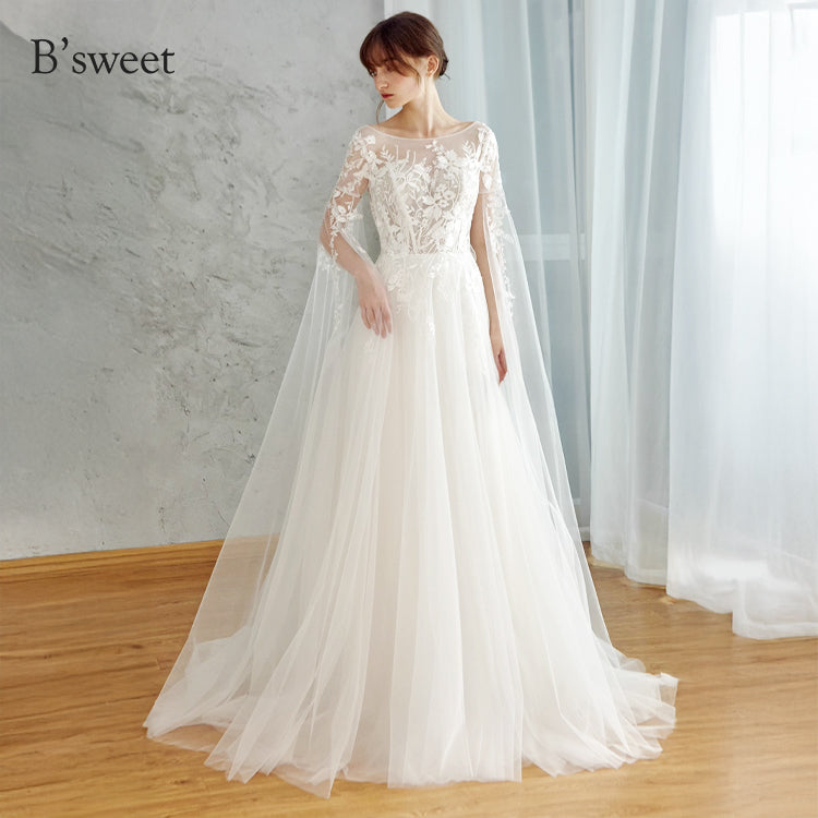 【ur78】 シアーレースケープ風スリーブドレス Aライン