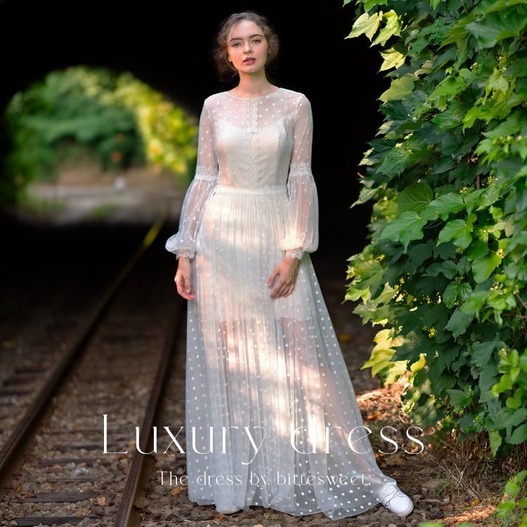 【ur82】 ドット柄長袖チュールドレス Aライン