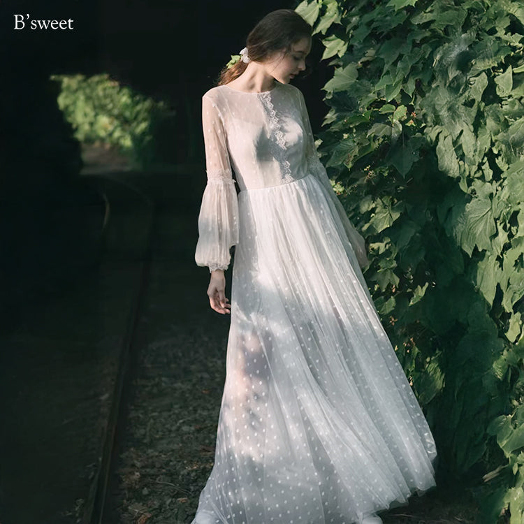 【ur82】 ドット柄長袖チュールドレス Aライン