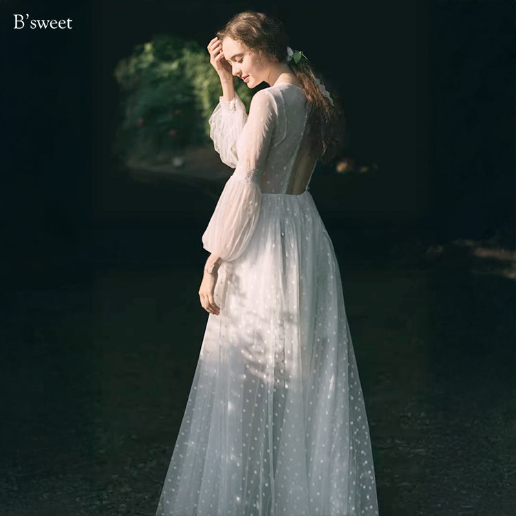 【ur82】 ドット柄長袖チュールドレス Aライン