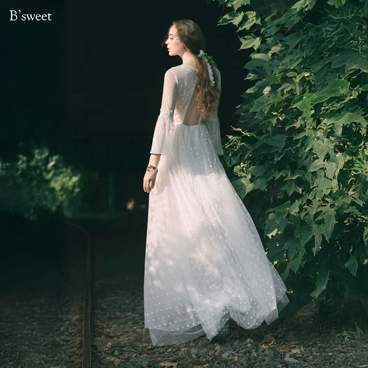 【ur82】 ドット柄長袖チュールドレス Aライン