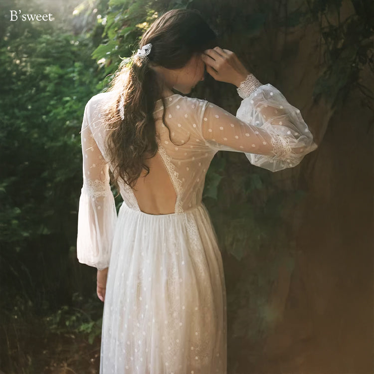 【ur82】 ドット柄長袖チュールドレス Aライン