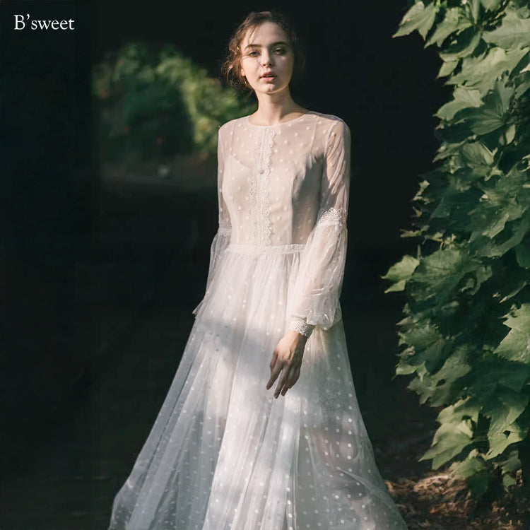 【ur82】 ドット柄長袖チュールドレス Aライン