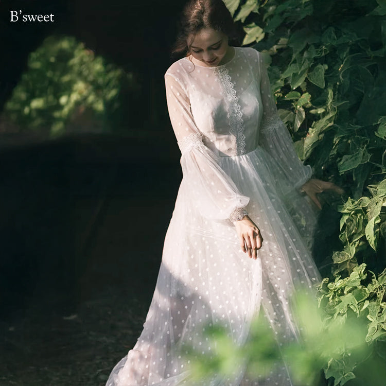 【ur82】 ドット柄長袖チュールドレス Aライン