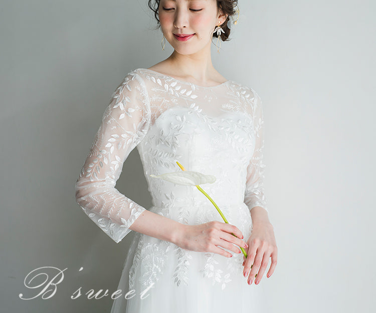 【wd364xy】リーフレース刺繍七分袖Aラインドレス