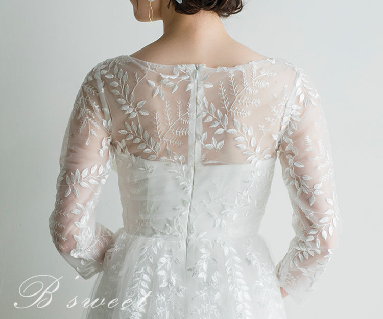 【wd364xy】リーフレース刺繍七分袖Aラインドレス