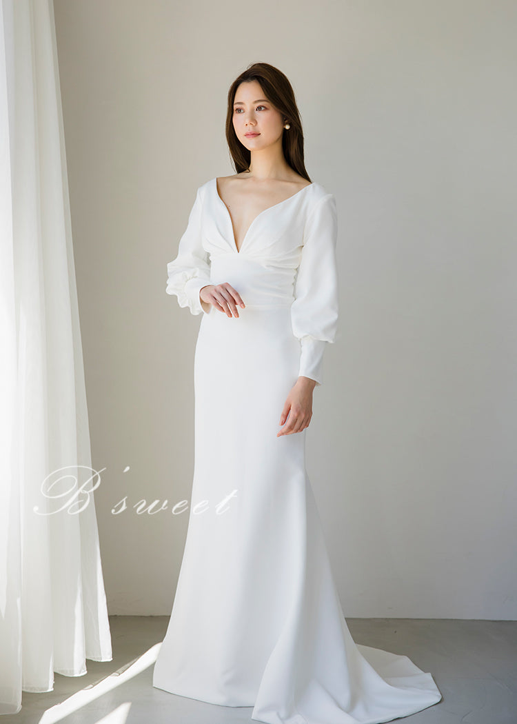 【wd382ls】プランジングネックロングスリーブドレス 2カラー マーメイドライン