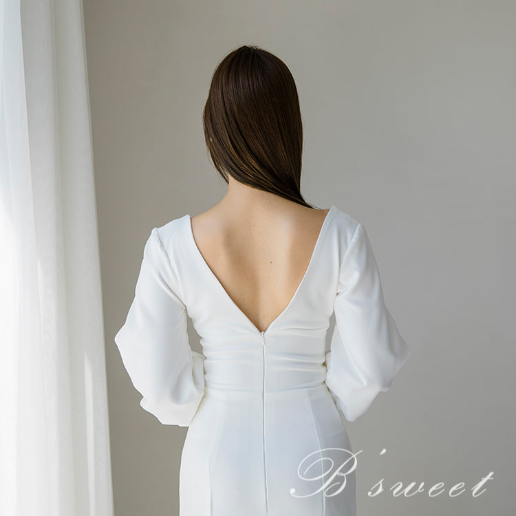 【wd382ls】プランジングネックロングスリーブドレス 2カラー マーメイドライン