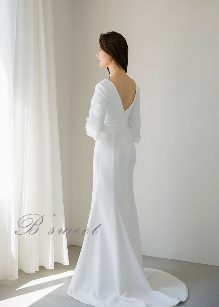 【wd382ls】プランジングネックロングスリーブドレス 2カラー マーメイドライン