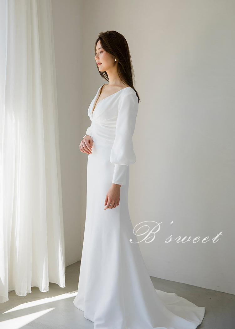 【wd382ls】プランジングネックロングスリーブドレス 2カラー マーメイドライン