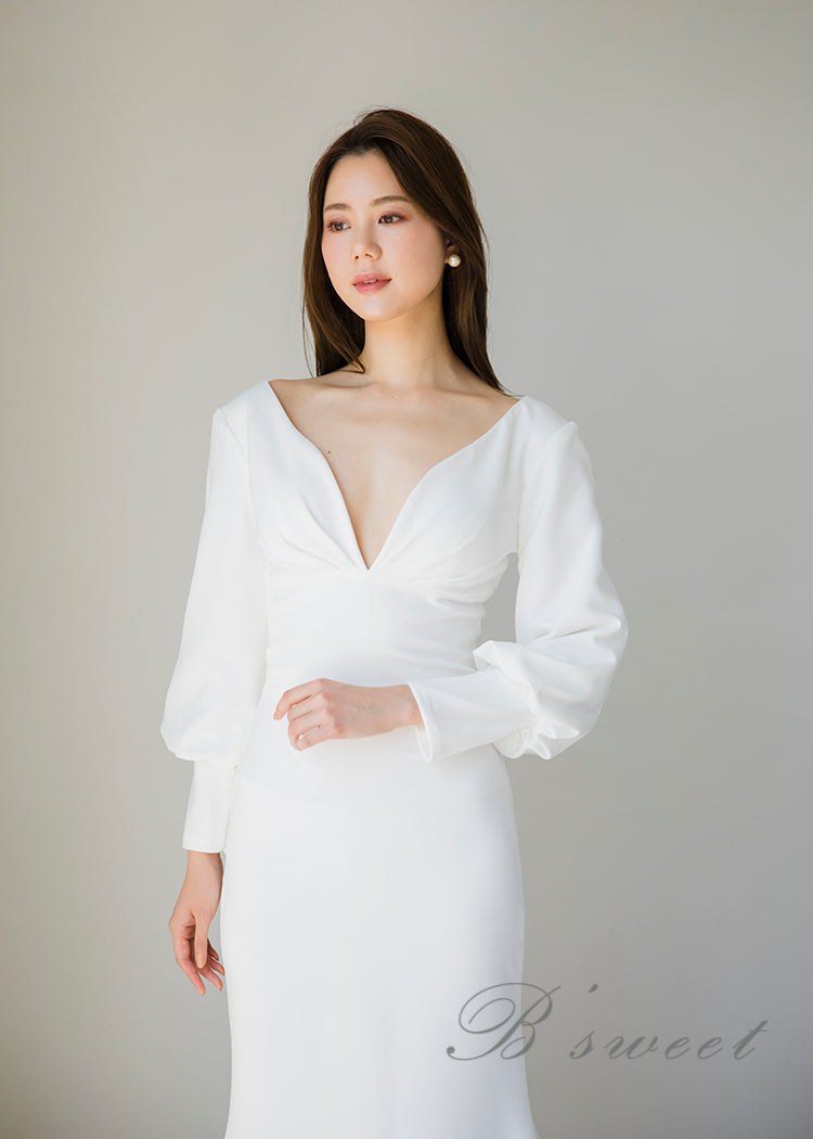 【wd382ls】プランジングネックロングスリーブドレス 2カラー マーメイドライン