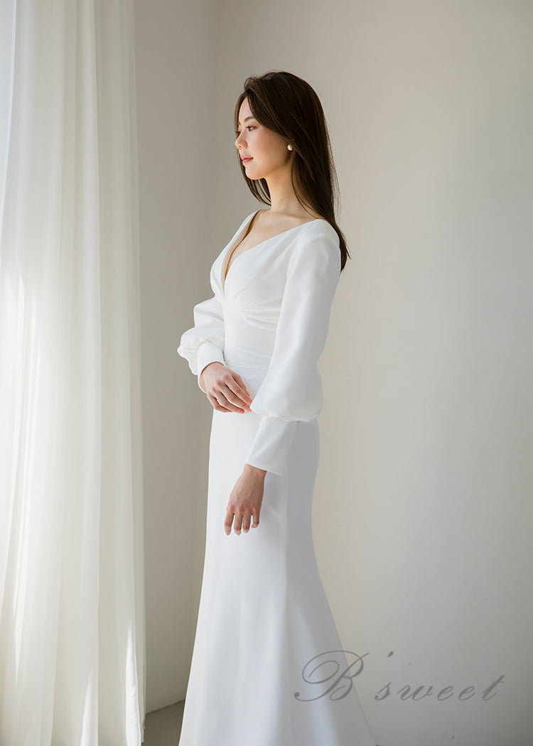 【wd382ls】プランジングネックロングスリーブドレス 2カラー マーメイドライン